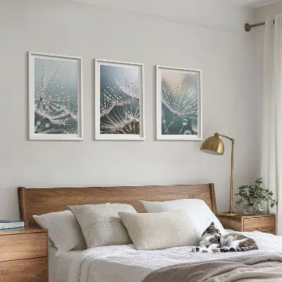 Set de 3 cuadros para salón con gotas de agua sobre brotes de diente de león