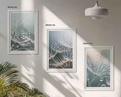 Set de 3 cuadros para salón con gotas de agua sobre brotes de diente de león