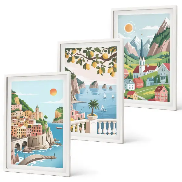 Juego de 3 cuadros con paisajes de mar y cítricos