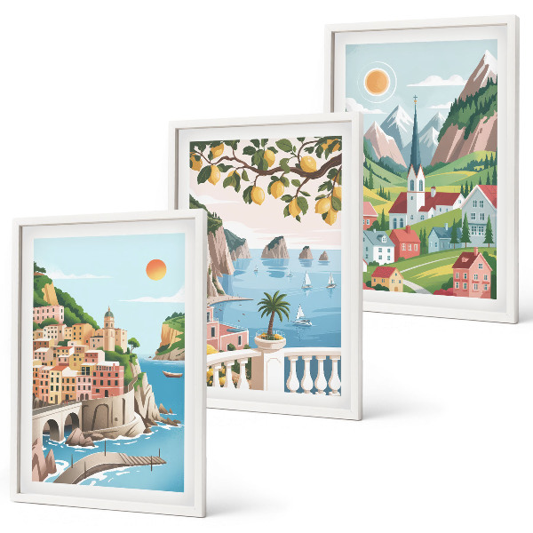 Juego de 3 cuadros Paisajes, mar, cítricos
