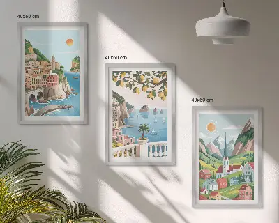 Juego de 3 cuadros con paisajes de mar y cítricos