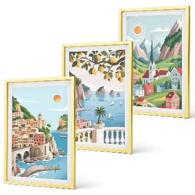 Juego de 3 cuadros con paisajes de mar y cítricos