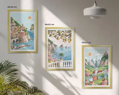 Juego de 3 cuadros con paisajes de mar y cítricos