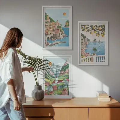 Juego de 3 cuadros con paisajes de mar y cítricos