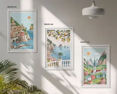 Juego de 3 cuadros con paisajes de mar y cítricos