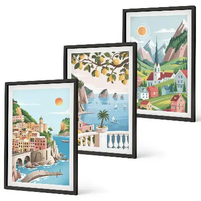 Juego de 3 cuadros con paisajes de mar y cítricos