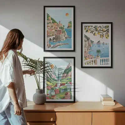 Juego de 3 cuadros con paisajes de mar y cítricos