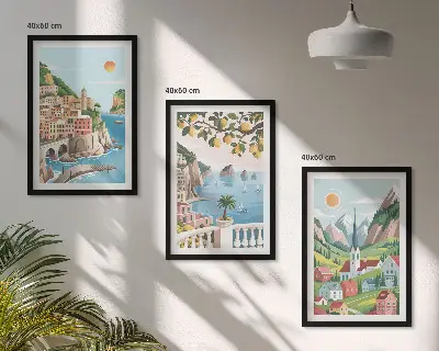 Juego de 3 cuadros con paisajes de mar y cítricos