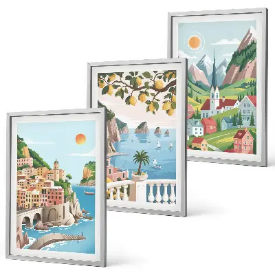 Juego de 3 cuadros con paisajes de mar y cítricos