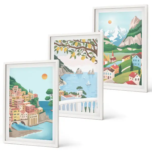 Set de 3 cuadros para salón con vistas costeras en tonos pastel