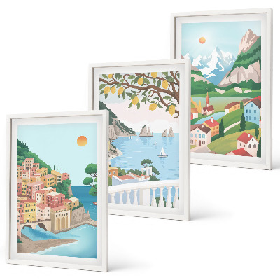 Set de 3 cuadros para salón Vistas costeras en tonos pastel