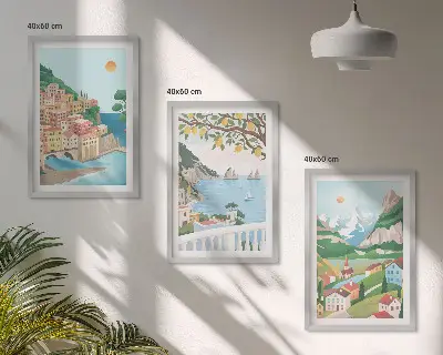 Set de 3 cuadros para salón con vistas costeras en tonos pastel