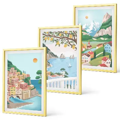 Set de 3 cuadros para salón con vistas costeras en tonos pastel