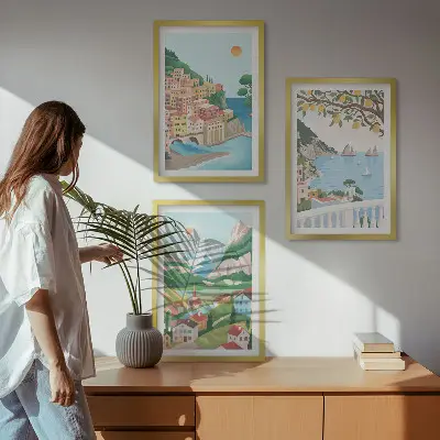 Set de 3 cuadros para salón con vistas costeras en tonos pastel