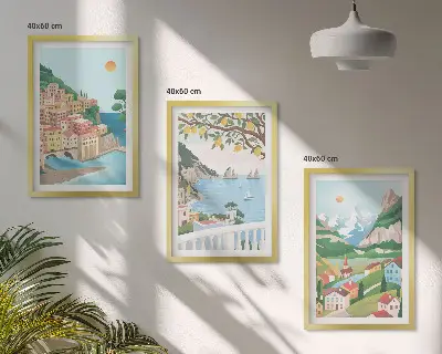 Set de 3 cuadros para salón con vistas costeras en tonos pastel