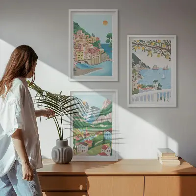 Set de 3 cuadros para salón con vistas costeras en tonos pastel
