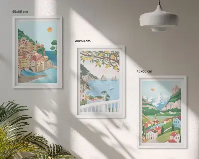Set de 3 cuadros para salón con vistas costeras en tonos pastel