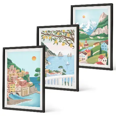 Set de 3 cuadros para salón con vistas costeras en tonos pastel