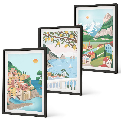Set de 3 cuadros para salón Vistas costeras en tonos pastel