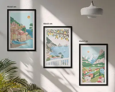 Set de 3 cuadros para salón con vistas costeras en tonos pastel