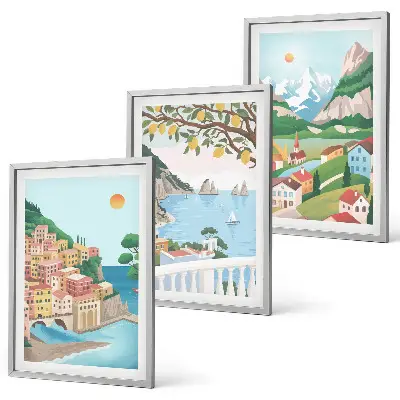 Set de 3 cuadros para salón con vistas costeras en tonos pastel