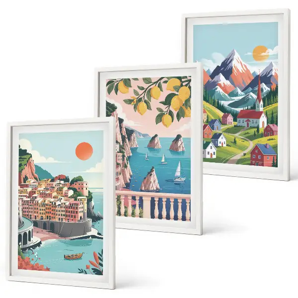 Juego de 3 cuadros diseño de montañas y ciudades coloridas