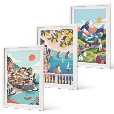 Juego de 3 cuadros Montañas y ciudades coloridas