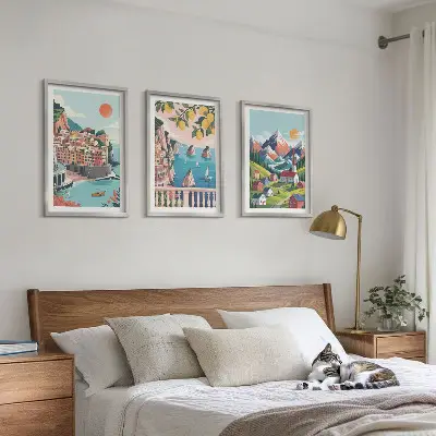 Juego de 3 cuadros diseño de montañas y ciudades coloridas