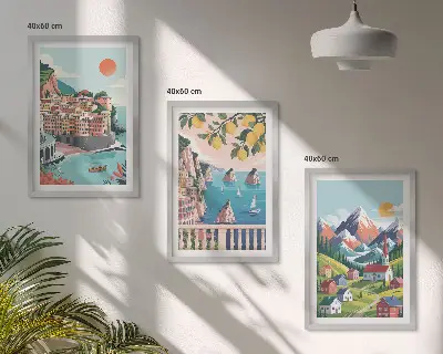 Juego de 3 cuadros diseño de montañas y ciudades coloridas