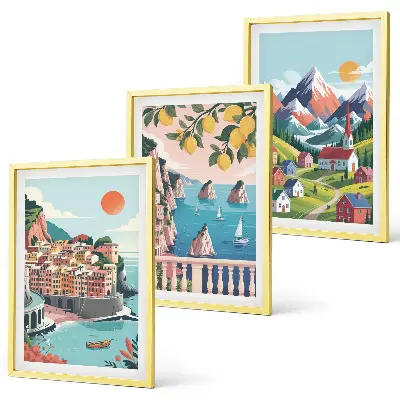 Juego de 3 cuadros diseño de montañas y ciudades coloridas