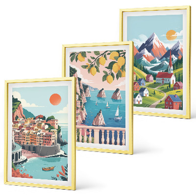 Juego de 3 cuadros Montañas y ciudades coloridas