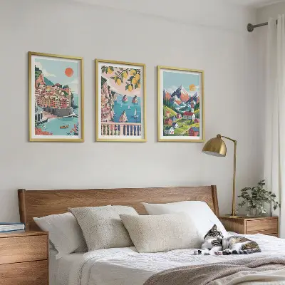 Juego de 3 cuadros diseño de montañas y ciudades coloridas