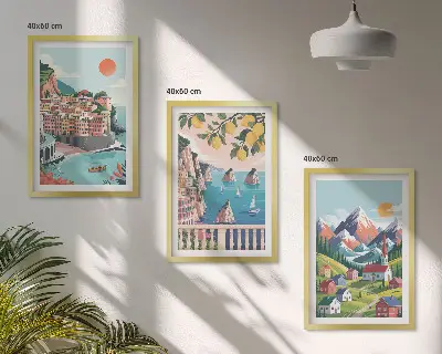 Juego de 3 cuadros diseño de montañas y ciudades coloridas