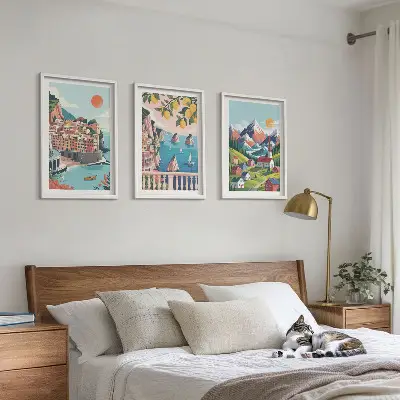 Juego de 3 cuadros diseño de montañas y ciudades coloridas