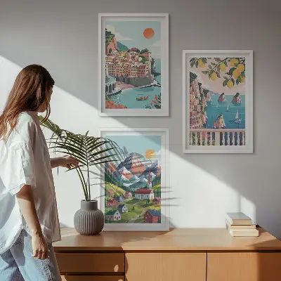 Juego de 3 cuadros diseño de montañas y ciudades coloridas