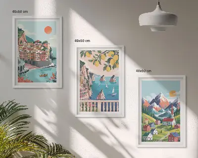 Juego de 3 cuadros diseño de montañas y ciudades coloridas