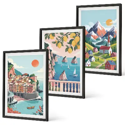 Juego de 3 cuadros diseño de montañas y ciudades coloridas