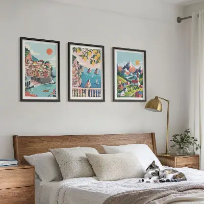 Juego de 3 cuadros diseño de montañas y ciudades coloridas
