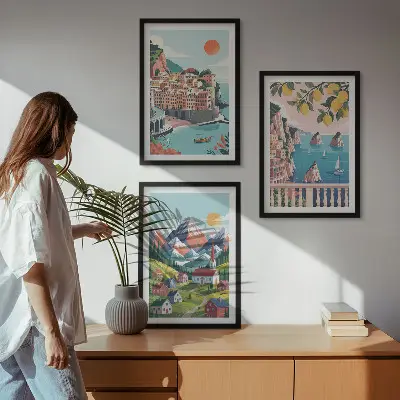 Juego de 3 cuadros diseño de montañas y ciudades coloridas