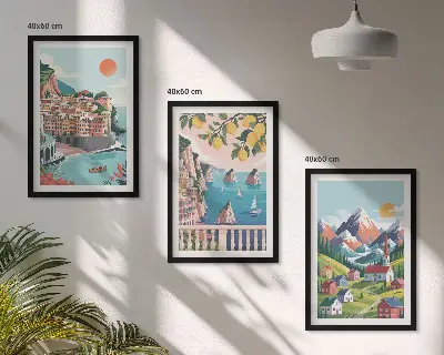 Juego de 3 cuadros diseño de montañas y ciudades coloridas