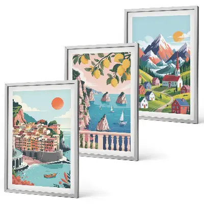 Juego de 3 cuadros diseño de montañas y ciudades coloridas