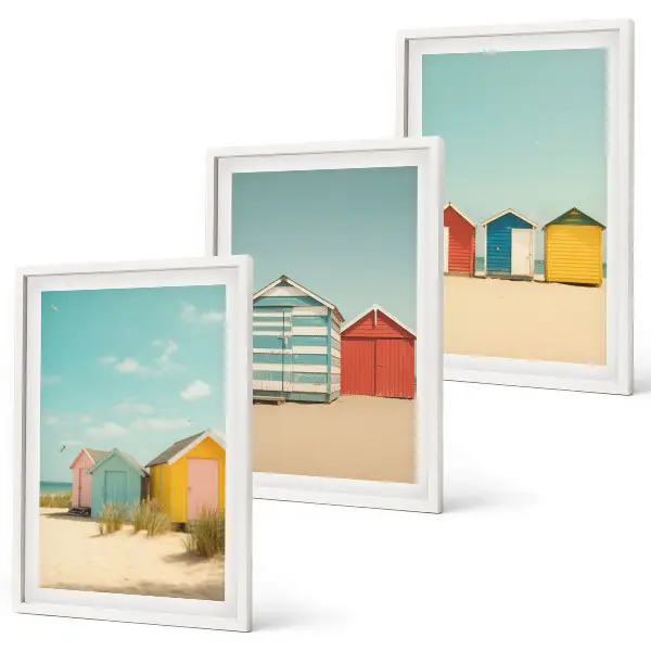 Set de 3 cuadros decorativos para salón con diseño de casas coloridas en la playa al sol