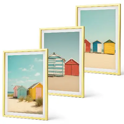 Set de 3 cuadros decorativos para salón con diseño de casas coloridas en la playa al sol