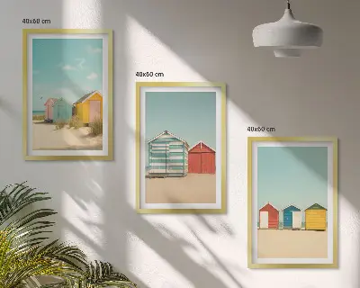 Set de 3 cuadros decorativos para salón con diseño de casas coloridas en la playa al sol