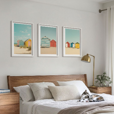 Set de 3 cuadros para salón Casas coloridas playa sol