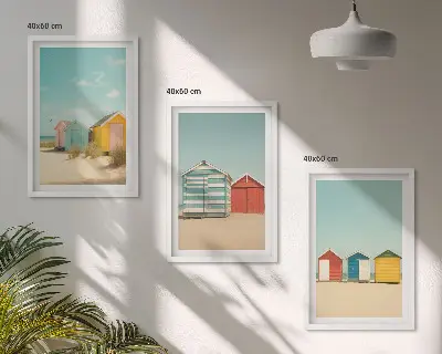 Set de 3 cuadros decorativos para salón con diseño de casas coloridas en la playa al sol