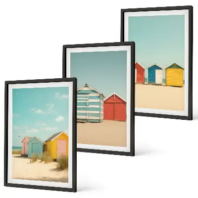 Set de 3 cuadros decorativos para salón con diseño de casas coloridas en la playa al sol