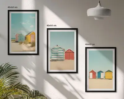 Set de 3 cuadros decorativos para salón con diseño de casas coloridas en la playa al sol