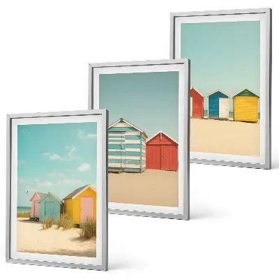 Set de 3 cuadros decorativos para salón con diseño de casas coloridas en la playa al sol