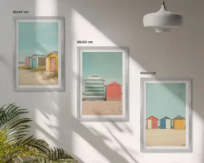 Juego de 3 cuadros con diseño de casas coloridas en la playa al sol